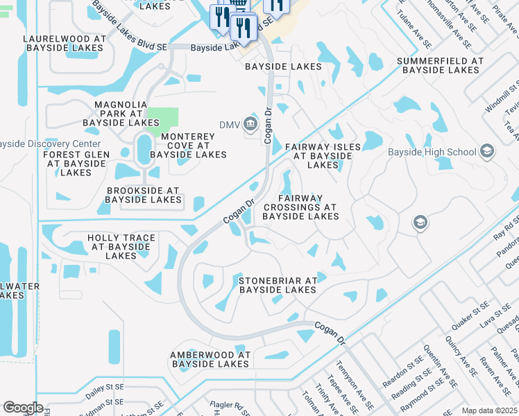 map of restaurants, bars, coffee shops, grocery stores, and more near 520 Remington Green Drive Southeast in Palm Bay