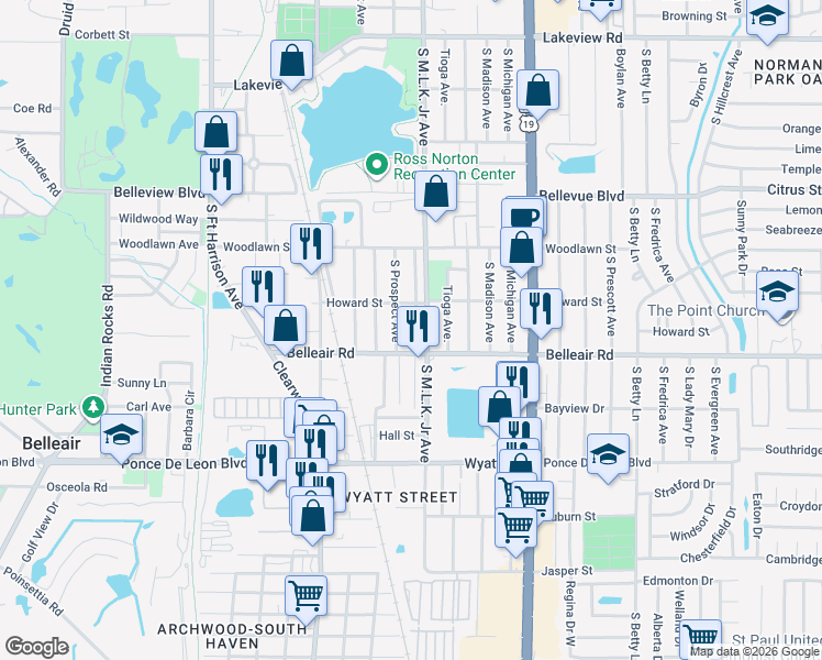 map of restaurants, bars, coffee shops, grocery stores, and more near 1574 Ewing Avenue in Clearwater