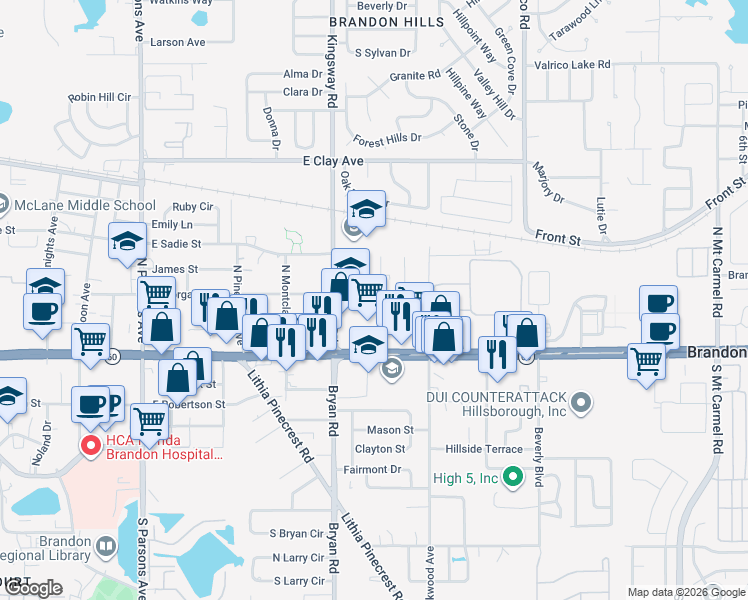 map of restaurants, bars, coffee shops, grocery stores, and more near 608 East Morgan Street in Brandon