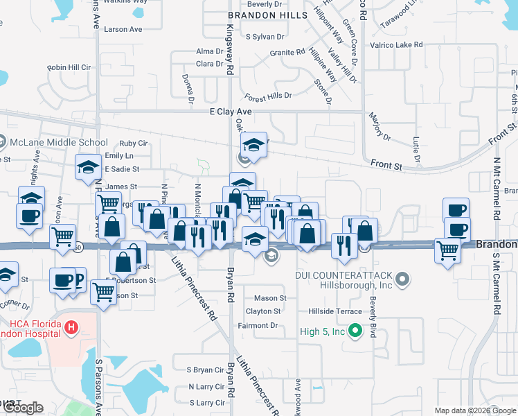 map of restaurants, bars, coffee shops, grocery stores, and more near 126 Ridgewood Avenue in Brandon