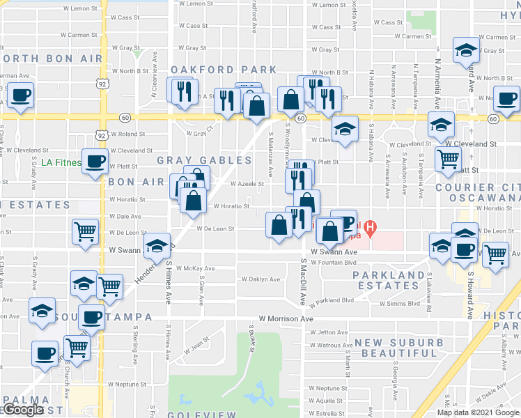 map of restaurants, bars, coffee shops, grocery stores, and more near 421 South Matanzas Avenue in Tampa