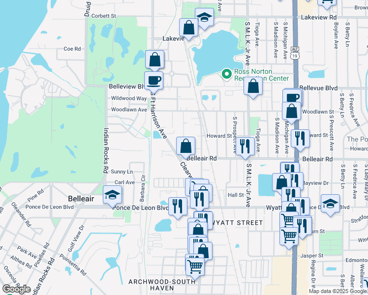 map of restaurants, bars, coffee shops, grocery stores, and more near 1552 South Myrtle Avenue in Clearwater