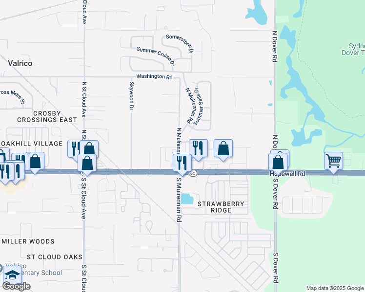 map of restaurants, bars, coffee shops, grocery stores, and more near 228 Drawbridge Lane in Valrico