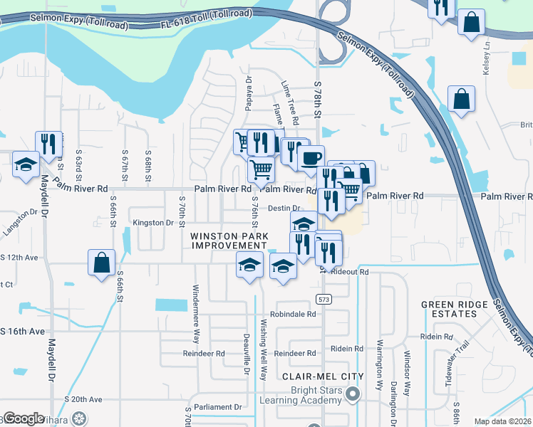 map of restaurants, bars, coffee shops, grocery stores, and more near 7605 Destin Drive in Tampa