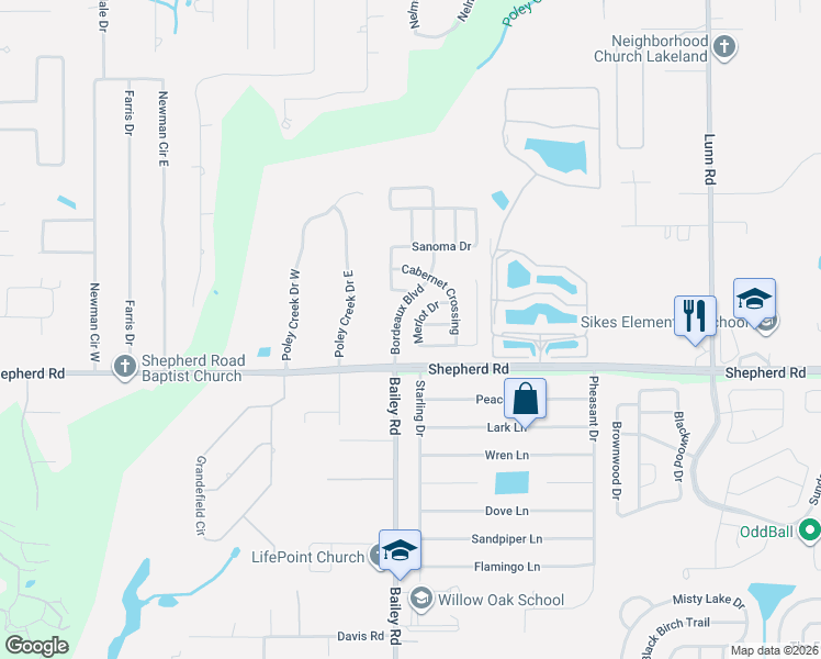 map of restaurants, bars, coffee shops, grocery stores, and more near 6860 Bordeaux Boulevard in Lakeland
