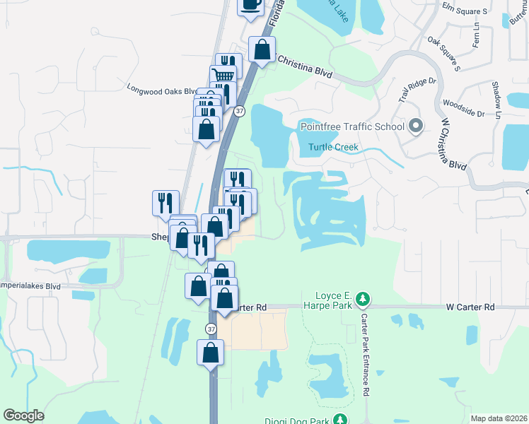 map of restaurants, bars, coffee shops, grocery stores, and more near 6841 Shimmering Drive in Lakeland