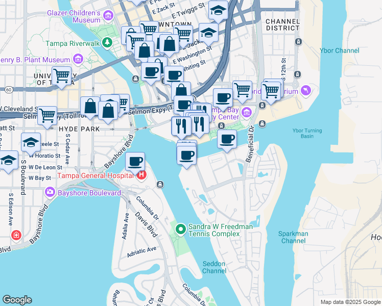 map of restaurants, bars, coffee shops, grocery stores, and more near Harbour Island Bridge in Tampa