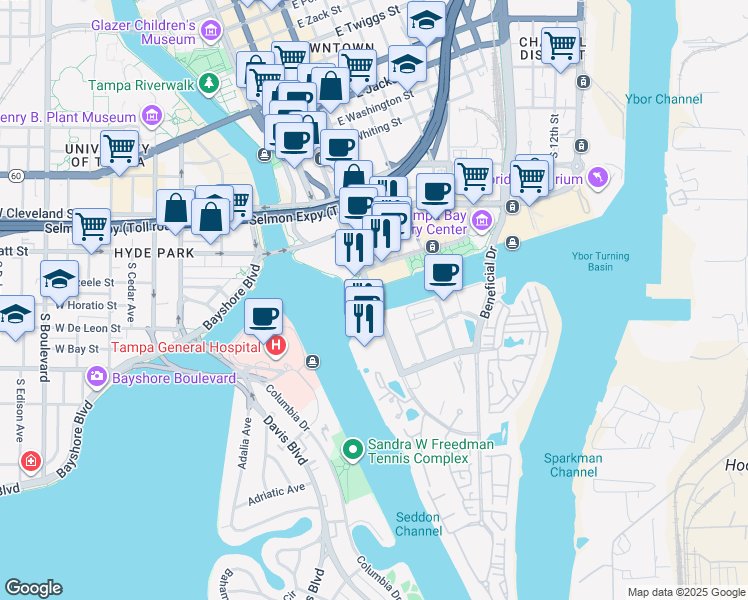 map of restaurants, bars, coffee shops, grocery stores, and more near Harbour Island Bridge in Tampa
