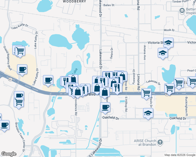 map of restaurants, bars, coffee shops, grocery stores, and more near 1722 Lakewood Shores Lane in Brandon