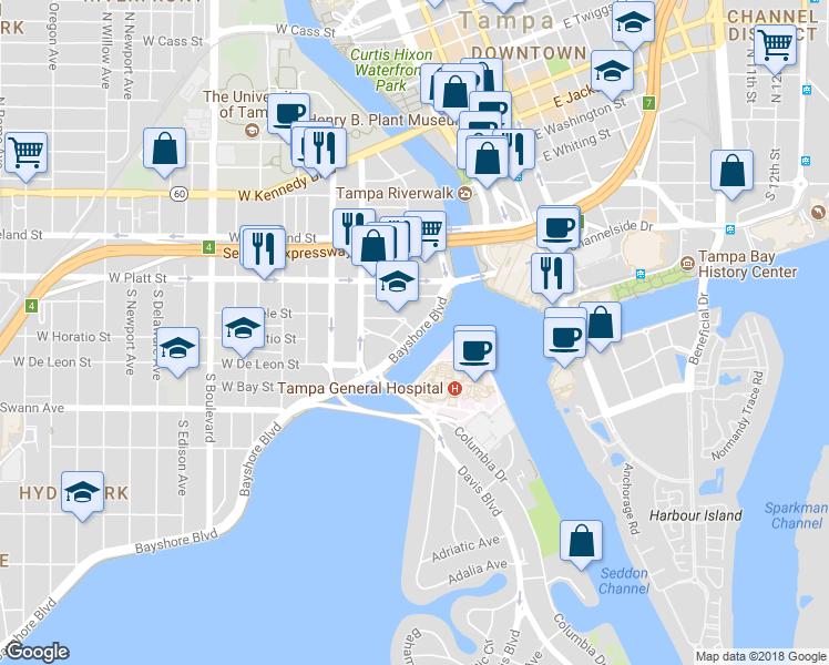map of restaurants, bars, coffee shops, grocery stores, and more near 101 West Beach Place in Tampa