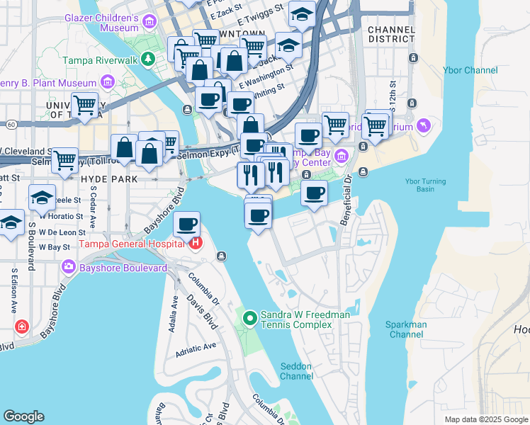 map of restaurants, bars, coffee shops, grocery stores, and more near 500 Harbour Island Bridge in Tampa