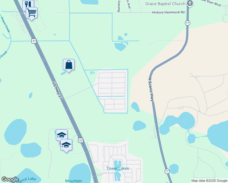 map of restaurants, bars, coffee shops, grocery stores, and more near 121-139 Montego Bay in Lake Wales