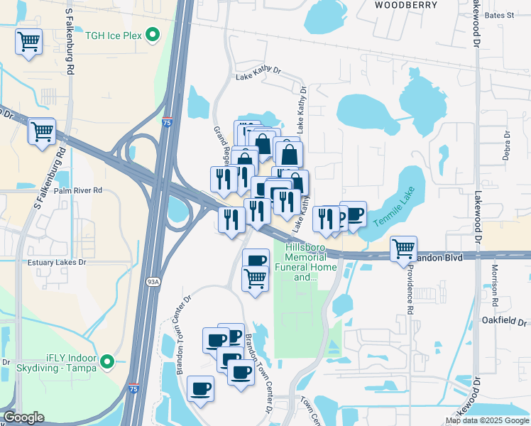 map of restaurants, bars, coffee shops, grocery stores, and more near 2350 West Brandon Boulevard in Brandon