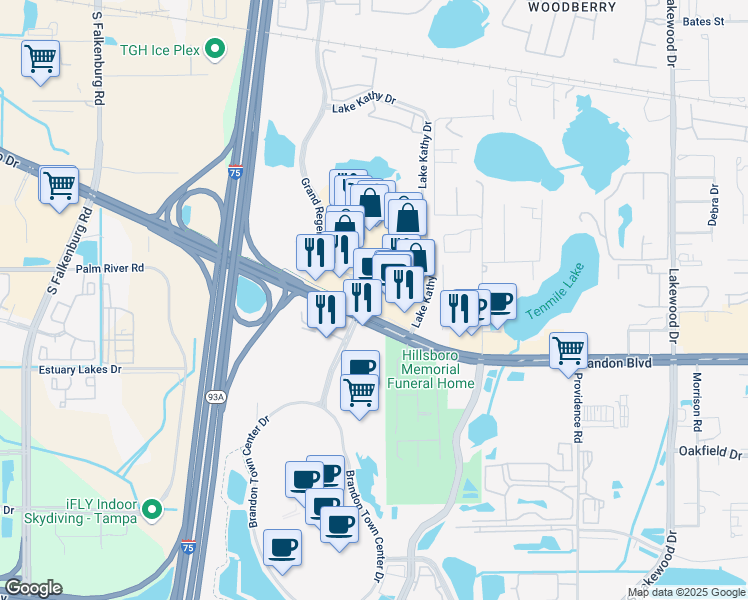 map of restaurants, bars, coffee shops, grocery stores, and more near 2350 West Brandon Boulevard in Brandon