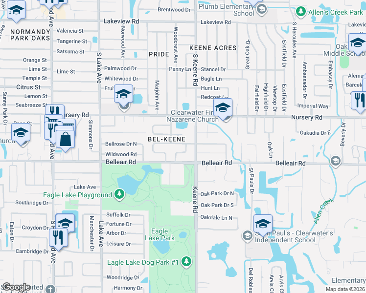 map of restaurants, bars, coffee shops, grocery stores, and more near 1560 Bel-Keene Drive in Clearwater