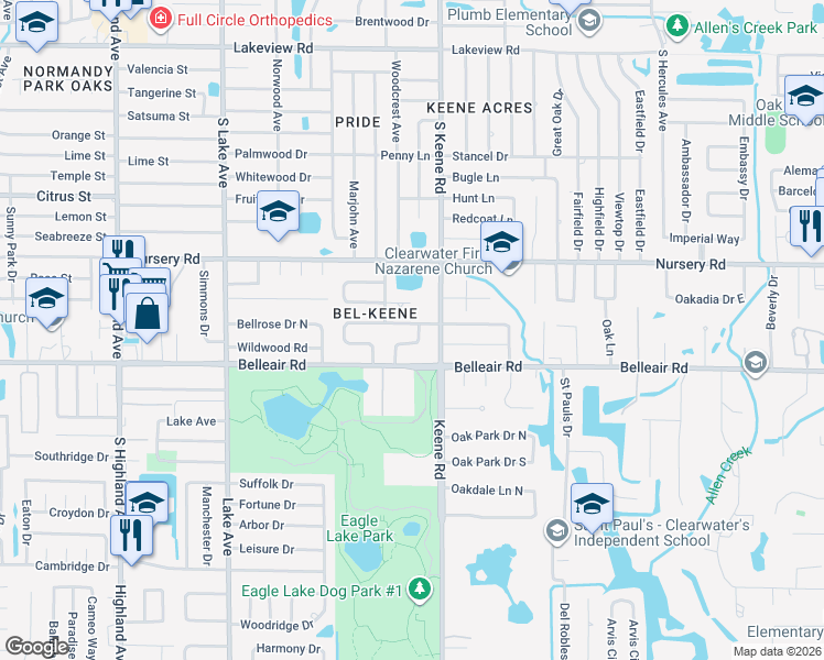 map of restaurants, bars, coffee shops, grocery stores, and more near 1764 Faulds Road North in Clearwater