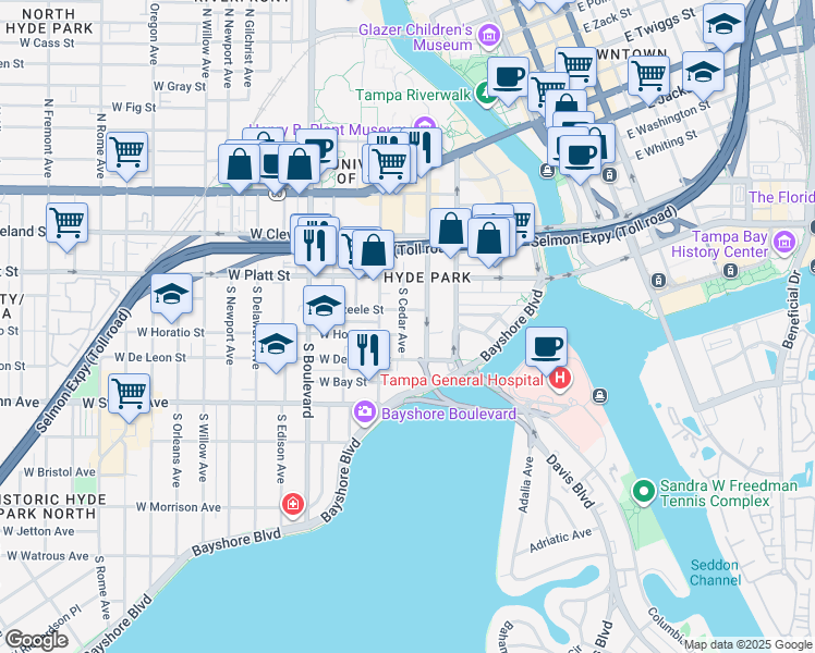 map of restaurants, bars, coffee shops, grocery stores, and more near in Tampa