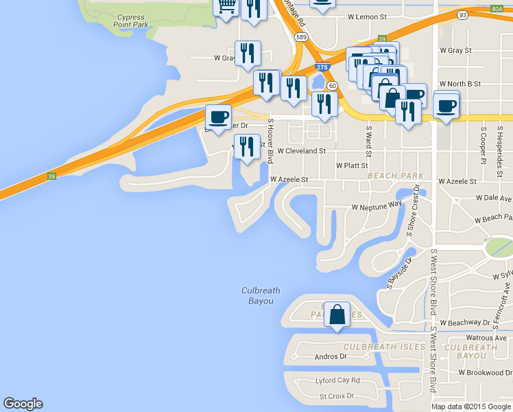map of restaurants, bars, coffee shops, grocery stores, and more near 19 Sandpiper Road in Tampa
