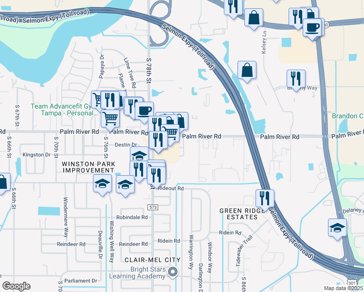 map of restaurants, bars, coffee shops, grocery stores, and more near 7857 Palm River Road in Tampa