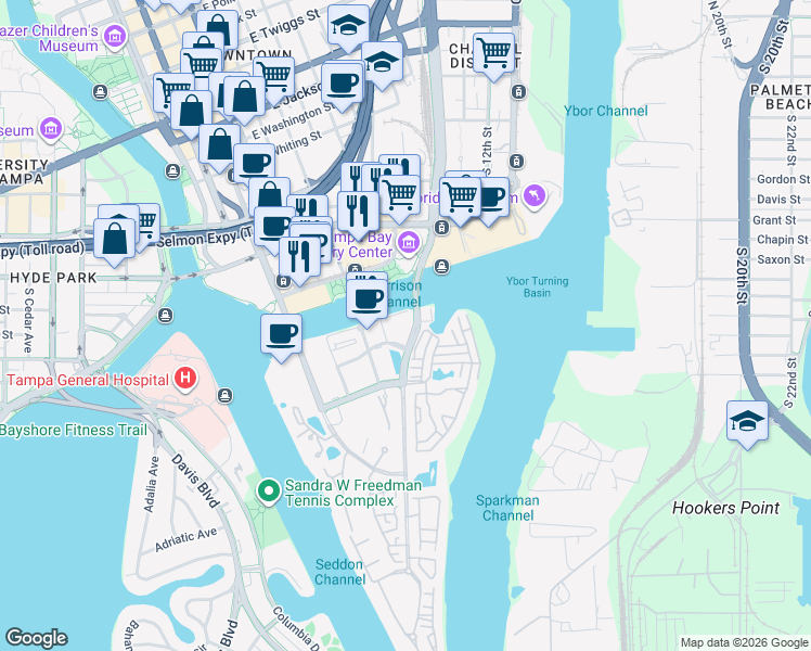 map of restaurants, bars, coffee shops, grocery stores, and more near 401 Channelside Walk Way in Tampa