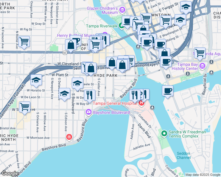 map of restaurants, bars, coffee shops, grocery stores, and more near 326 South Plant Avenue in Tampa