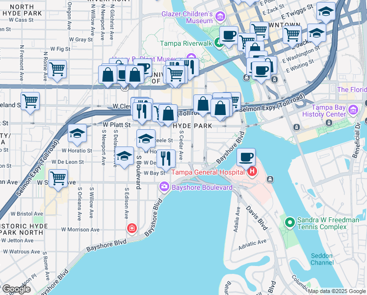 map of restaurants, bars, coffee shops, grocery stores, and more near in Tampa