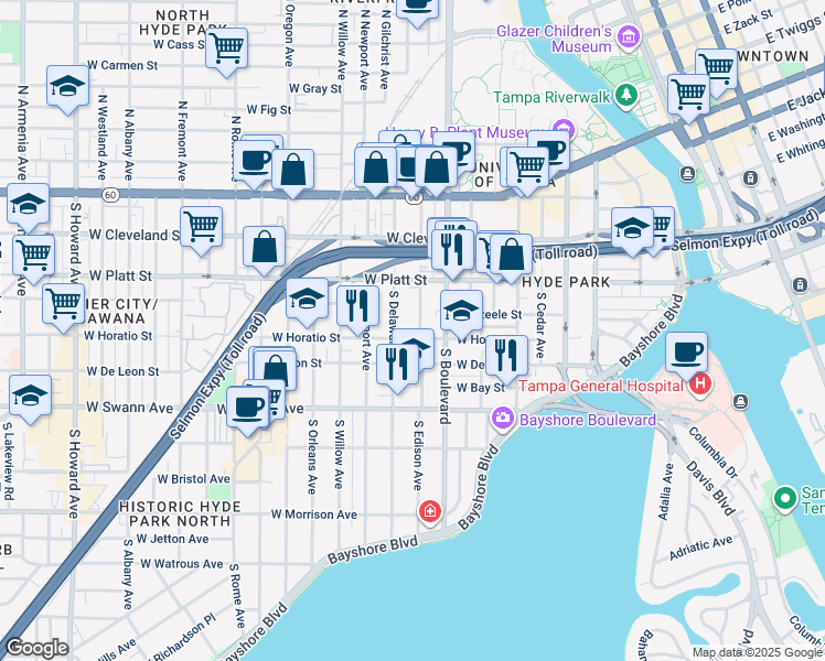 map of restaurants, bars, coffee shops, grocery stores, and more near 321 South Edison Avenue in Tampa