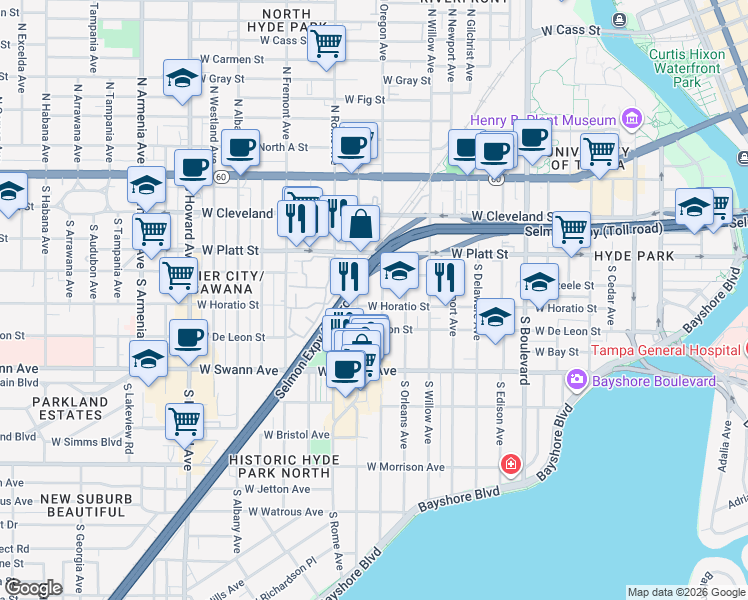 map of restaurants, bars, coffee shops, grocery stores, and more near 410 South Oregon Avenue in Tampa
