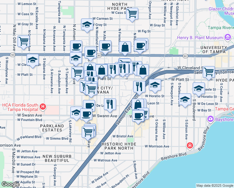 map of restaurants, bars, coffee shops, grocery stores, and more near 407 South Fremont Avenue in Tampa