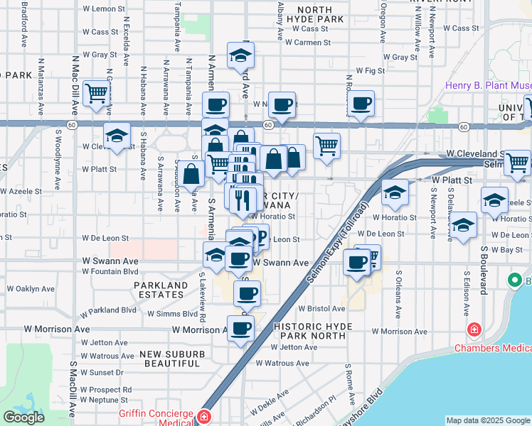 map of restaurants, bars, coffee shops, grocery stores, and more near 405 South Westland Avenue in Tampa
