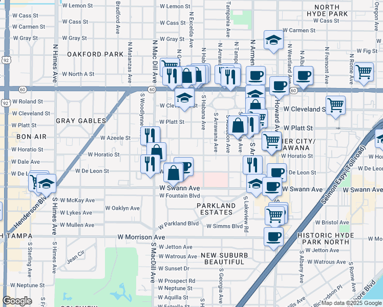 map of restaurants, bars, coffee shops, grocery stores, and more near 403 South Habana Avenue in Tampa