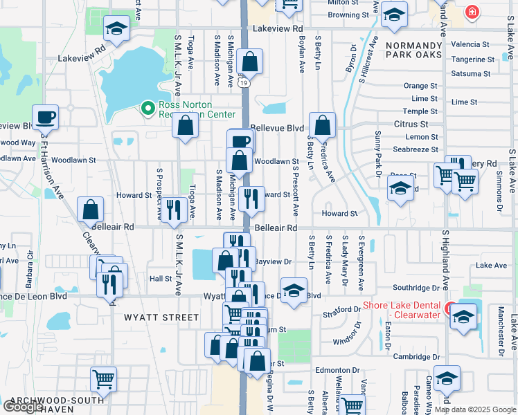 map of restaurants, bars, coffee shops, grocery stores, and more near 1550 South Jefferson Avenue in Clearwater