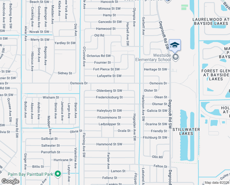 map of restaurants, bars, coffee shops, grocery stores, and more near 481 Oldenberg Street Southwest in Palm Bay