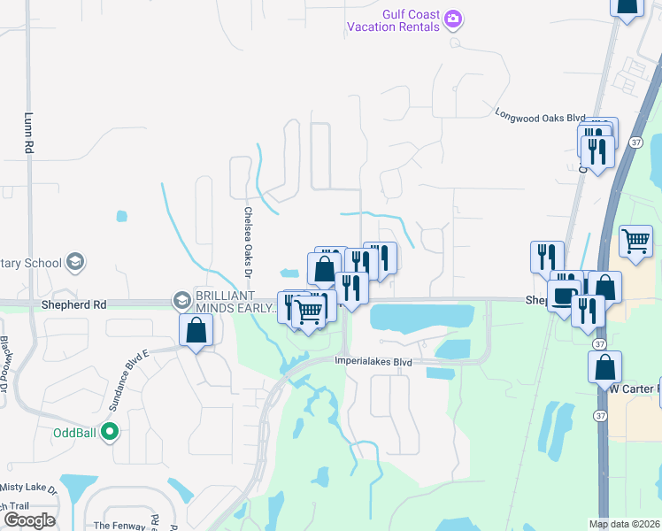 map of restaurants, bars, coffee shops, grocery stores, and more near 6969 Shepherd Oaks Road in Lakeland