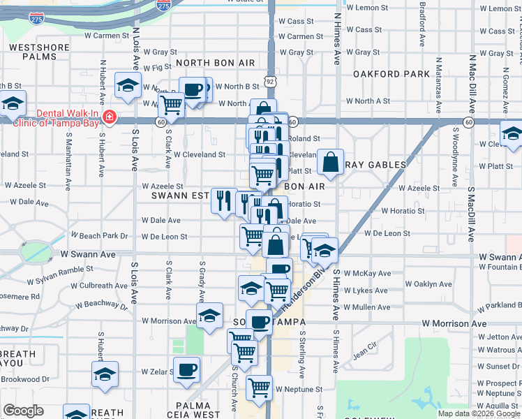 map of restaurants, bars, coffee shops, grocery stores, and more near in Tampa
