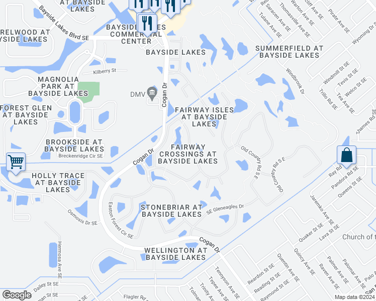 map of restaurants, bars, coffee shops, grocery stores, and more near 652 Remington Green Drive Southeast in Palm Bay