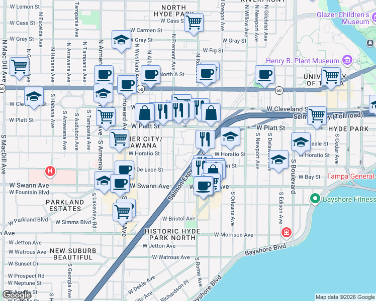 map of restaurants, bars, coffee shops, grocery stores, and more near 502 South Fremont Avenue in Tampa