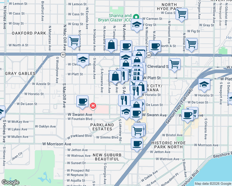map of restaurants, bars, coffee shops, grocery stores, and more near 407 South Tampania Avenue in Tampa