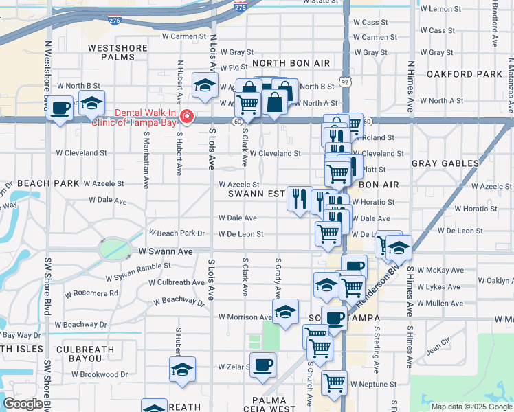 map of restaurants, bars, coffee shops, grocery stores, and more near 4005 West Horatio Street in Tampa