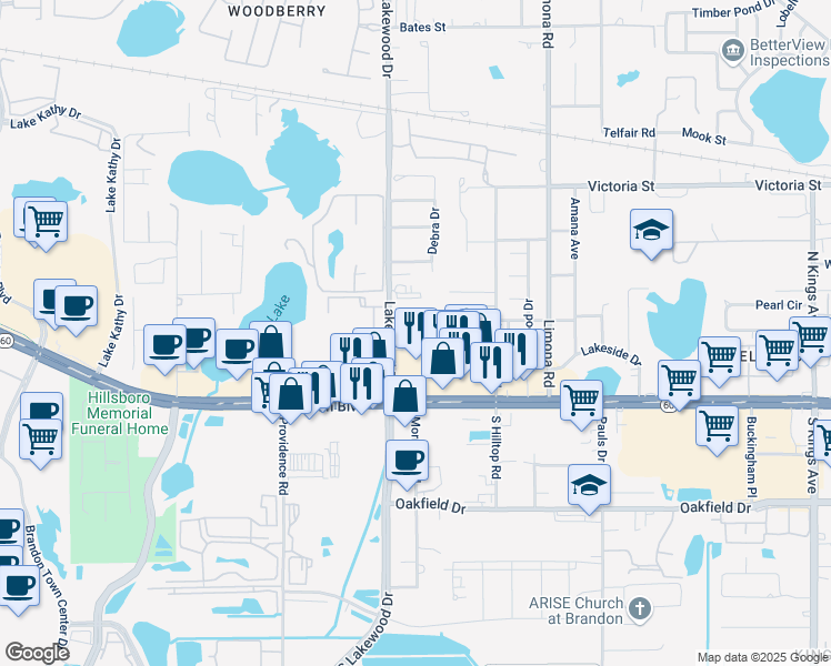 map of restaurants, bars, coffee shops, grocery stores, and more near 1664 Lake Meadow Circle North in Brandon