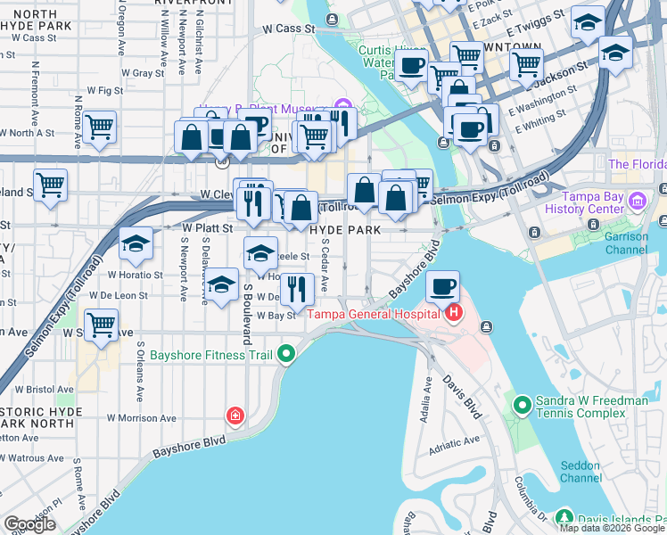 map of restaurants, bars, coffee shops, grocery stores, and more near in Tampa
