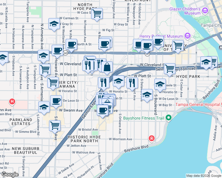 map of restaurants, bars, coffee shops, grocery stores, and more near 410 South Oregon Avenue in Tampa