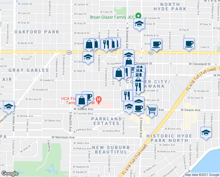 map of restaurants, bars, coffee shops, grocery stores, and more near 408 South Arrawana Avenue in Tampa