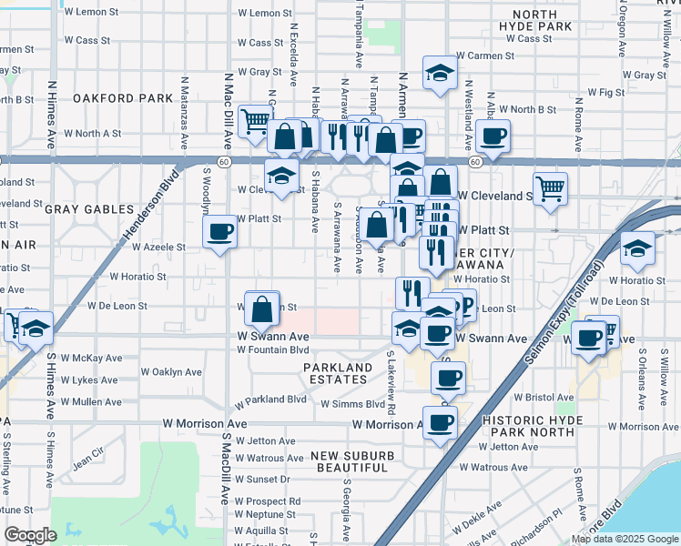 map of restaurants, bars, coffee shops, grocery stores, and more near 408 South Arrawana Avenue in Tampa