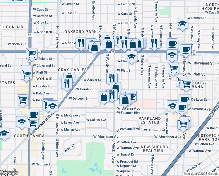 map of restaurants, bars, coffee shops, grocery stores, and more near 403 South MacDill Avenue in Tampa