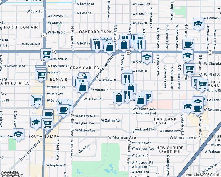 map of restaurants, bars, coffee shops, grocery stores, and more near 421 South Matanzas Avenue in Tampa