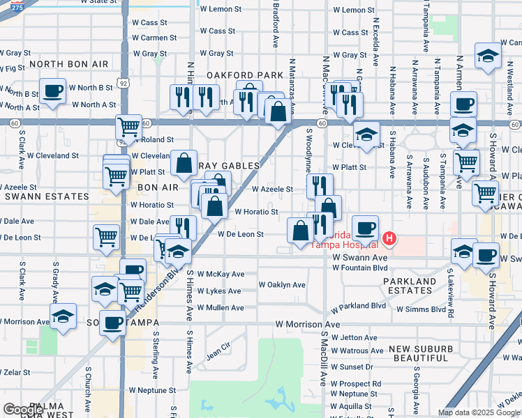 map of restaurants, bars, coffee shops, grocery stores, and more near 3221 Marcellus Circle in Tampa