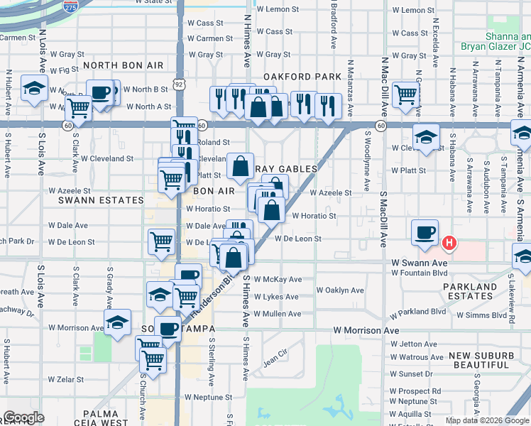 map of restaurants, bars, coffee shops, grocery stores, and more near 3347 Henderson Boulevard in Tampa