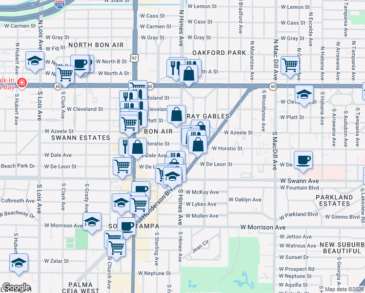 map of restaurants, bars, coffee shops, grocery stores, and more near 410 South Himes Avenue in Tampa
