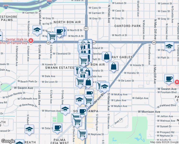 map of restaurants, bars, coffee shops, grocery stores, and more near 3707 West Horatio Street in Tampa